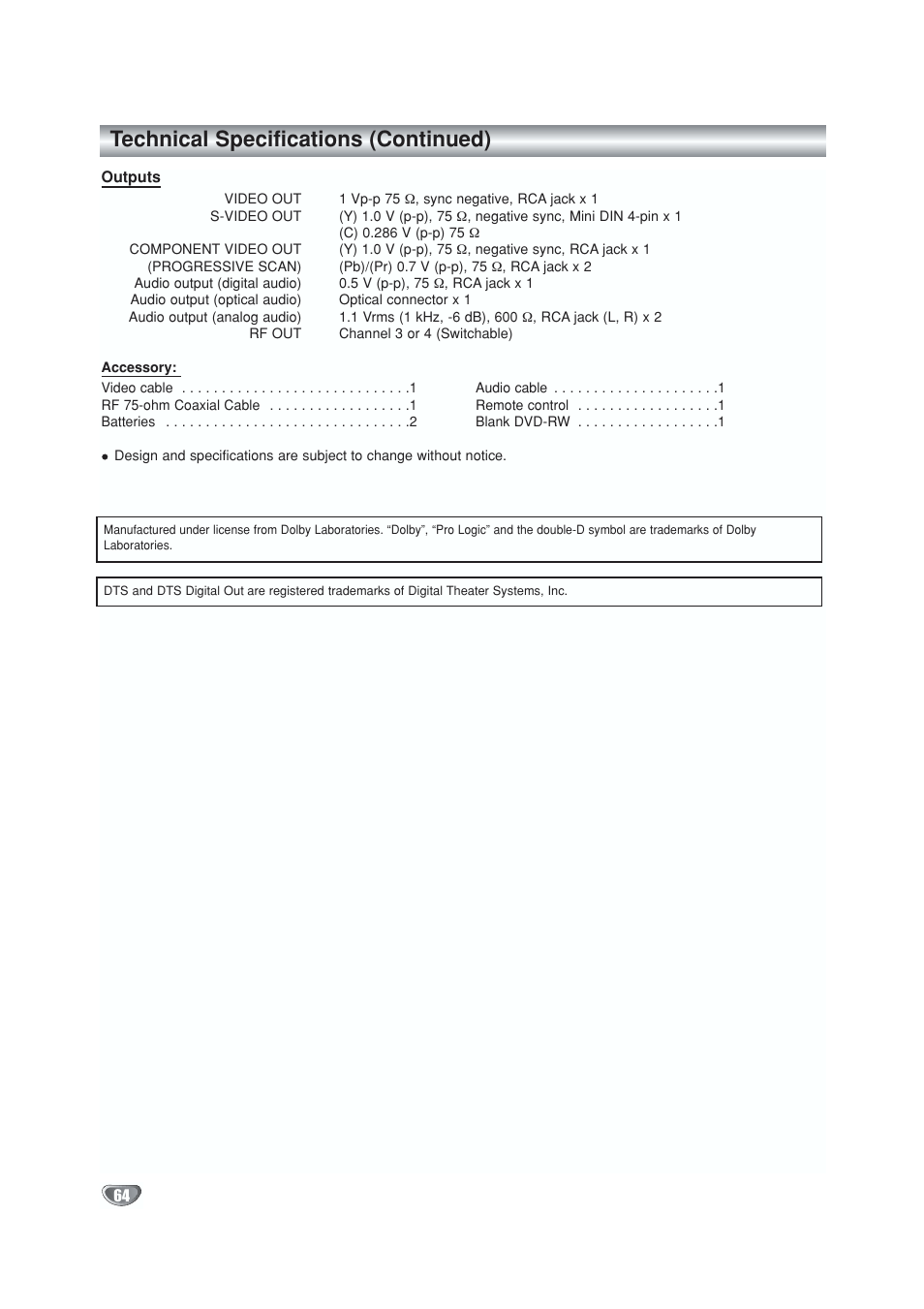 Technical specifications (continued) | GoVideo VR5940 User Manual | Page 64 / 66