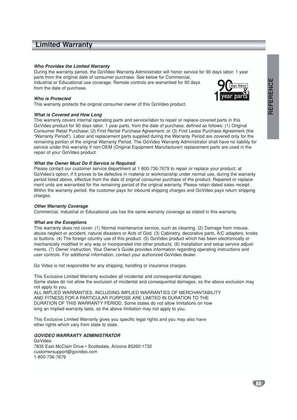 Warranty, Limited warranty, Year parts | GoVideo VR5940 User Manual | Page 65 / 66