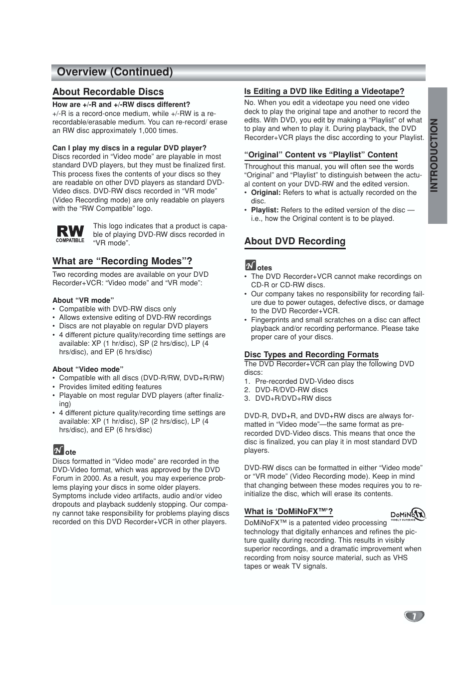 Recordable disc info, Recording modes, Overview (continued) | Introduction, About recordable discs, What are “recording modes, About dvd recording | GoVideo VR5940 User Manual | Page 7 / 66