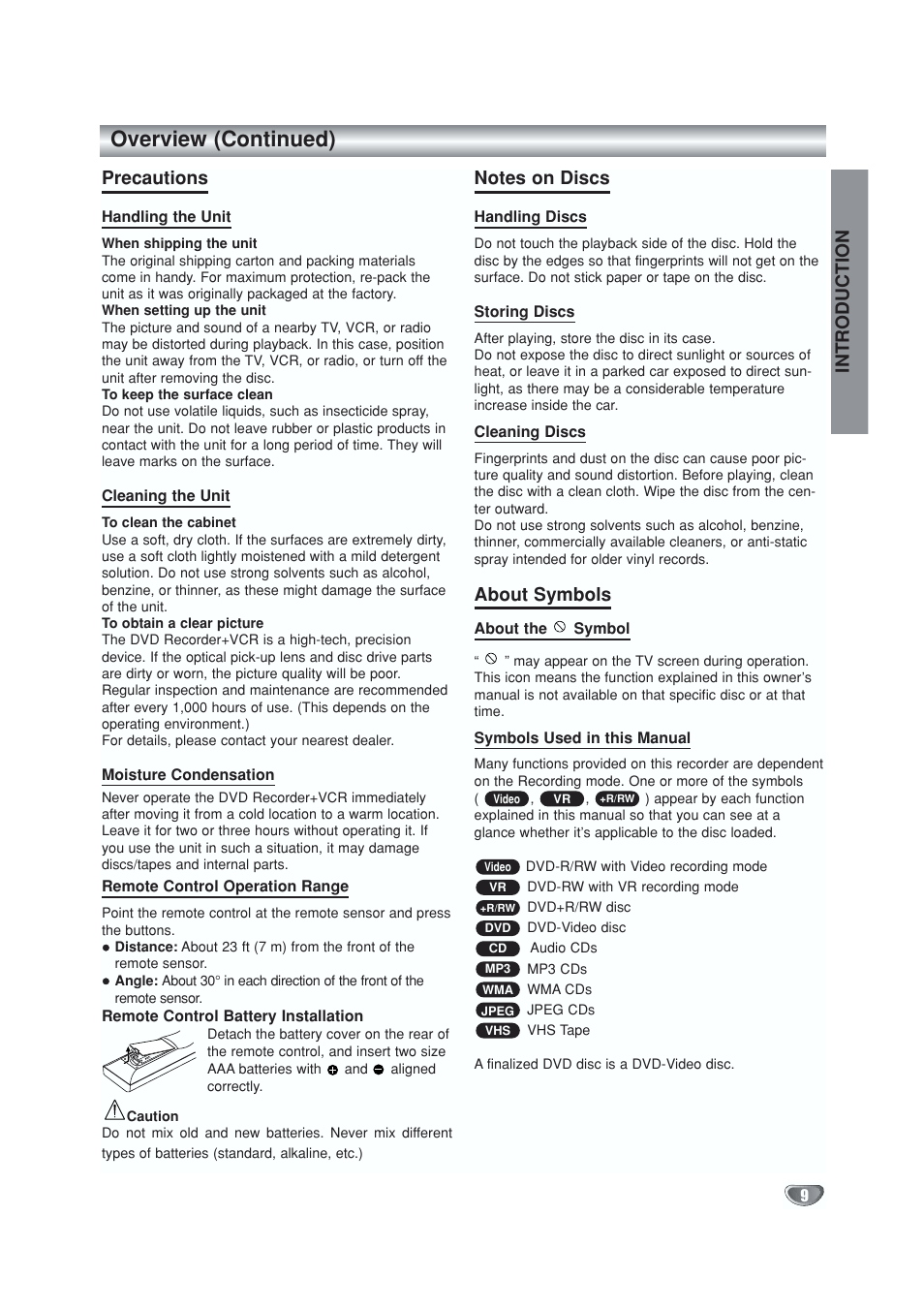 Overview (continued), Precautions, About symbols | Introduction | GoVideo VR5940 User Manual | Page 9 / 66