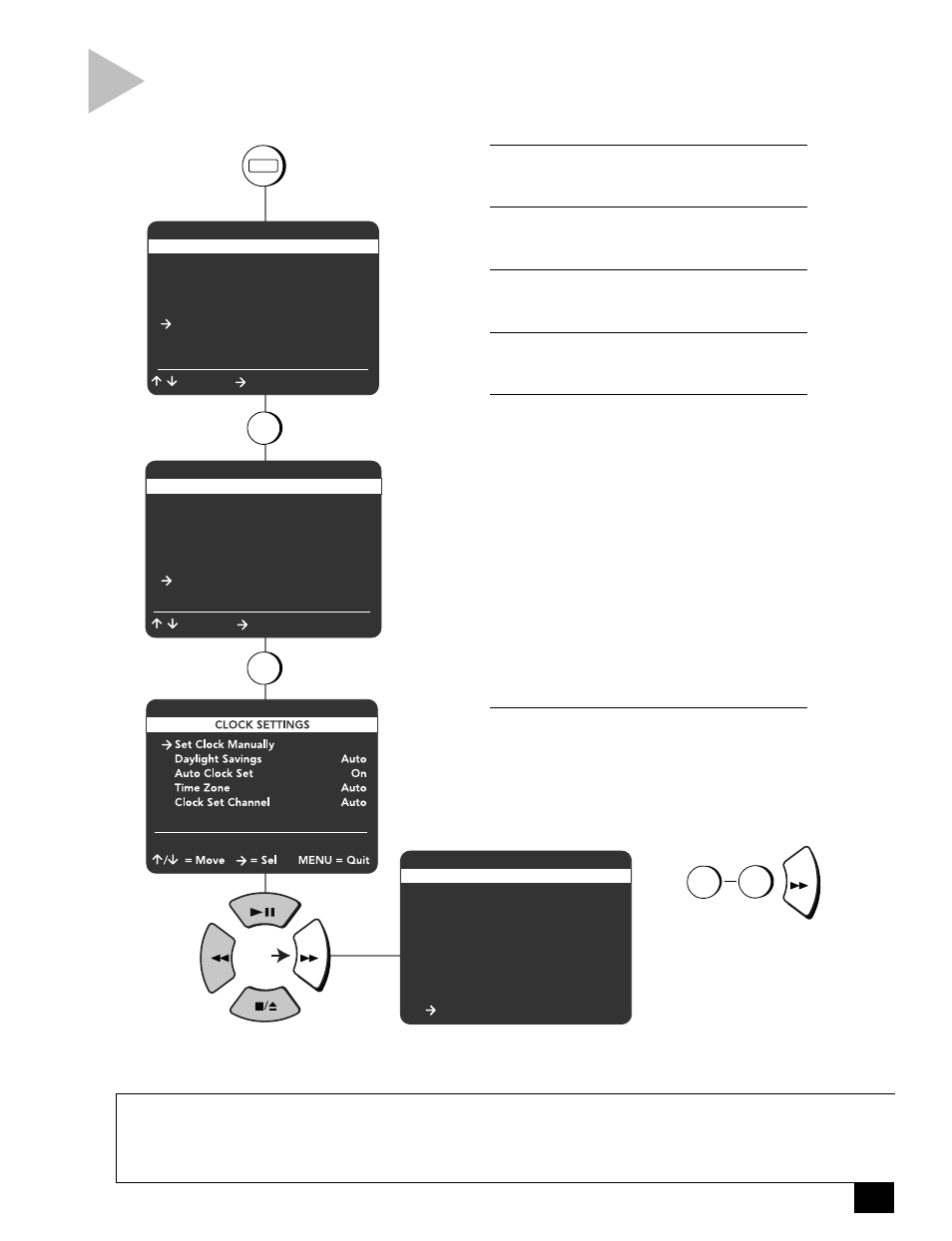 Manual clock settings, Appendix b - custom settings, Press menu | Press 5, Press 6, Press the right arrow key, Press menu to save and exit the menu system | GoVideo DDV2001 User Manual | Page 43 / 56