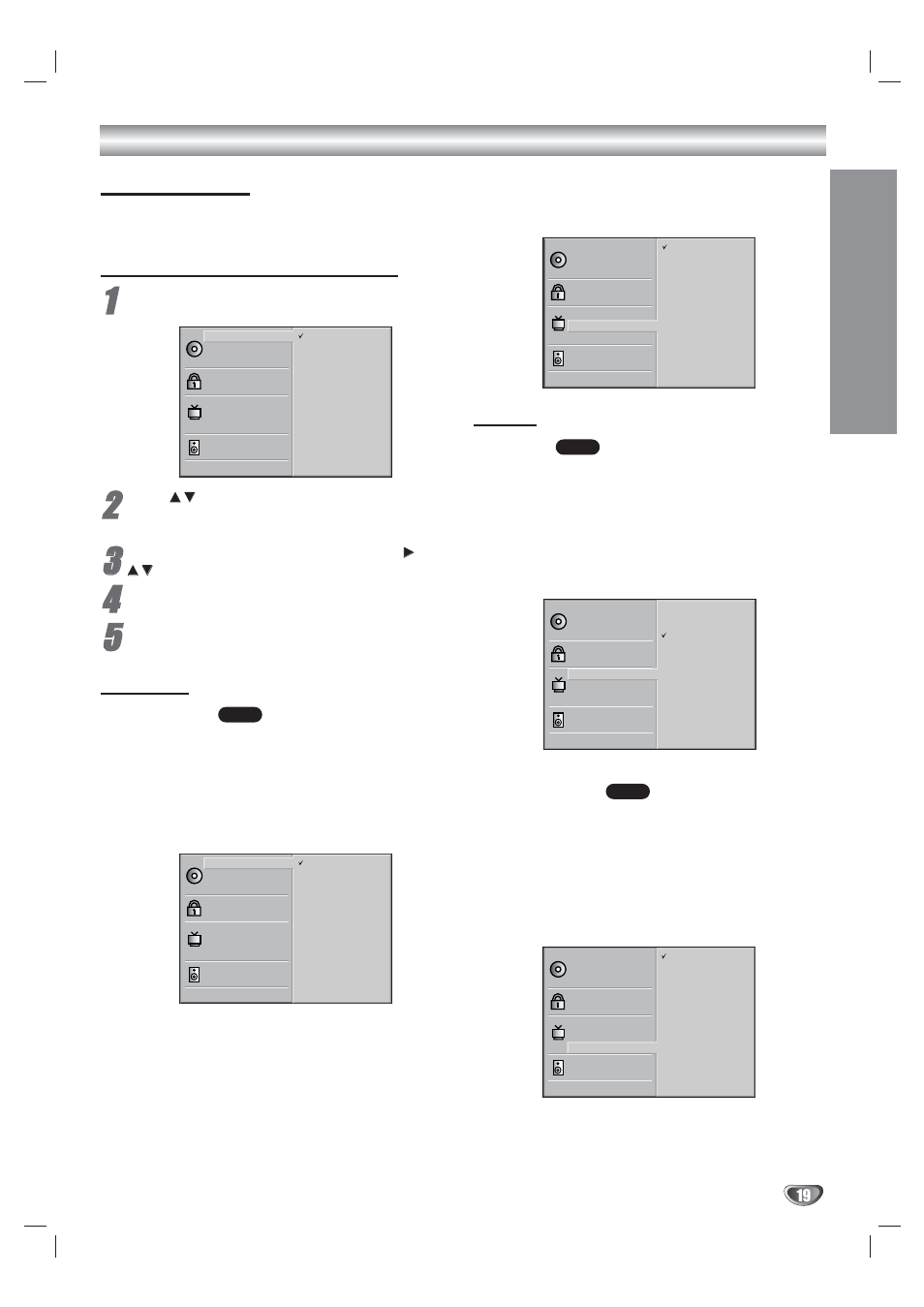 Dvd setup (continued) initial settings, Prep ara tion, Initial settings general operation | Language, Picture, Disc language, Menu language, Tv aspect, Tv output select | GoVideo sonic/blue DVR 4250 User Manual | Page 19 / 40