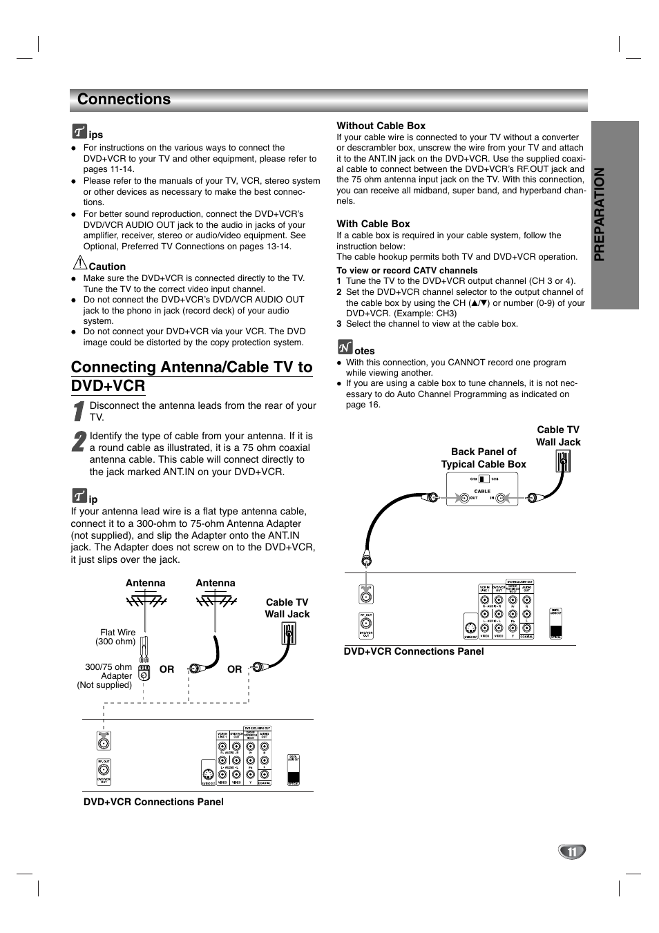 Connections, Connecting antenna/cable tv to dvd+vcr | GoVideo DV1130Q User Manual | Page 11 / 41