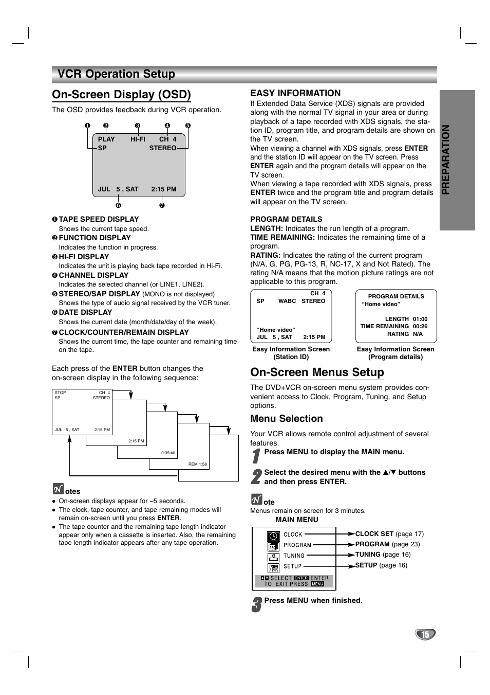 On-screen display (osd), On-screen menus setup, Vcr operation setup | Prep ara tion, Menu selection | GoVideo DV1130Q User Manual | Page 15 / 41