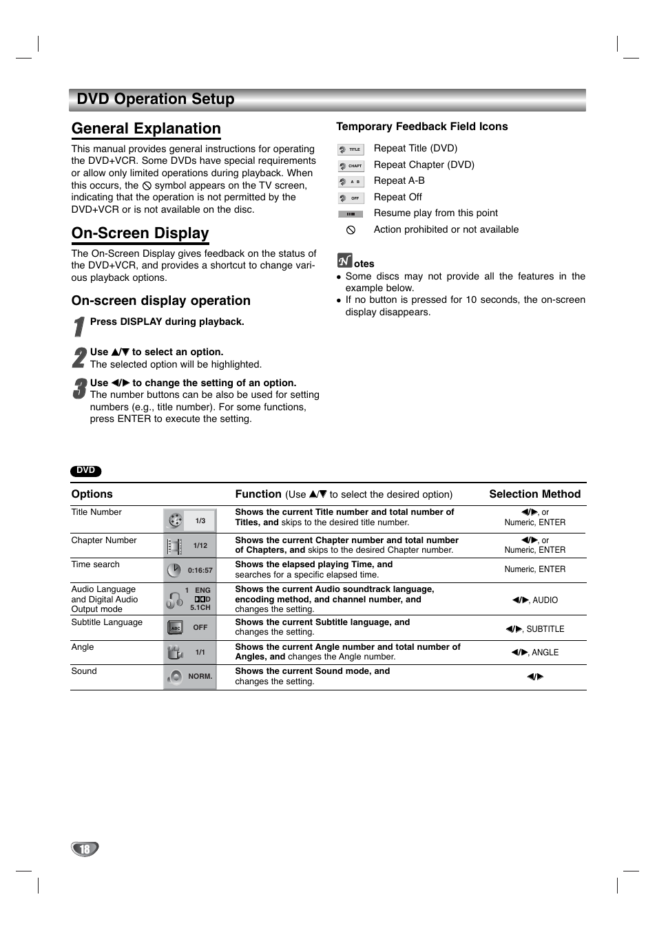 Dvd operation setup general explanation, On-screen display, On-screen display operation | GoVideo DV1130Q User Manual | Page 18 / 41
