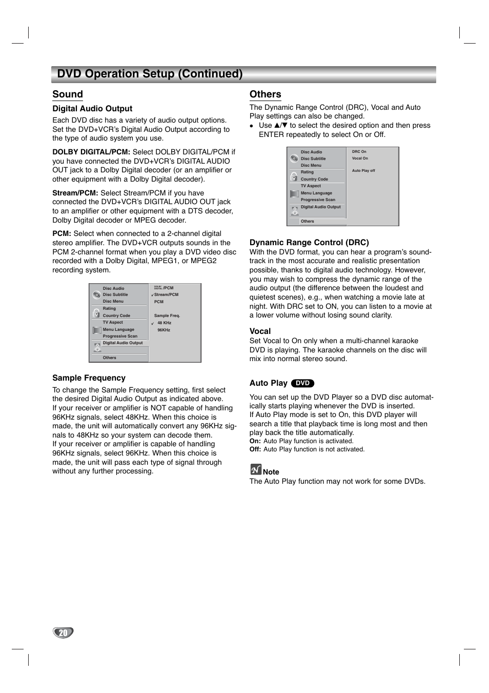 Dvd operation setup (continued), Sound, Others | Digital audio output, Sample frequency, Dynamic range control (drc), Vocal, Auto play | GoVideo DV1130Q User Manual | Page 20 / 41