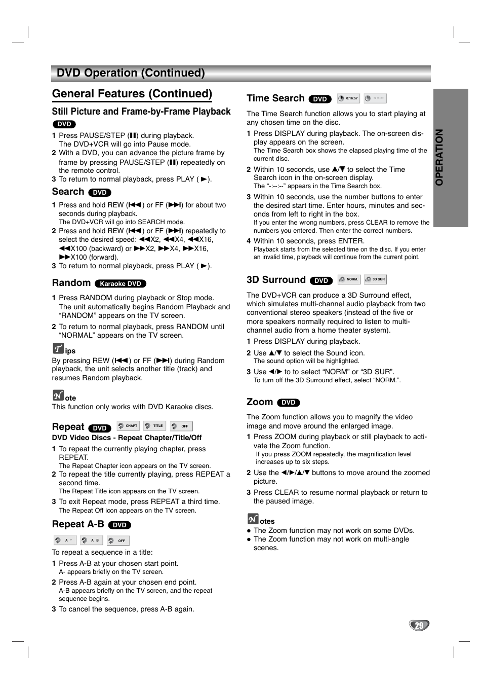 Opera tion, Still picture and frame-by-frame playback, Search | Random, Repeat, Repeat a-b, Time search, 3d surround, Zoom | GoVideo DV1130Q User Manual | Page 29 / 41