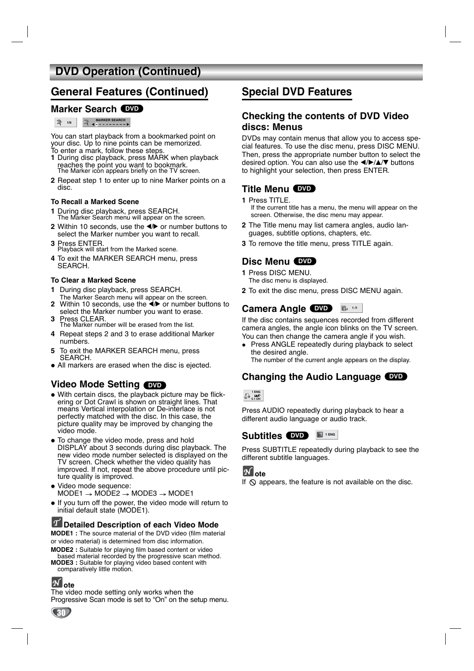 Special dvd features, Marker search, Video mode setting | Checking the contents of dvd video discs: menus, Title menu, Disc menu, Camera angle, Changing the audio language, Subtitles | GoVideo DV1130Q User Manual | Page 30 / 41