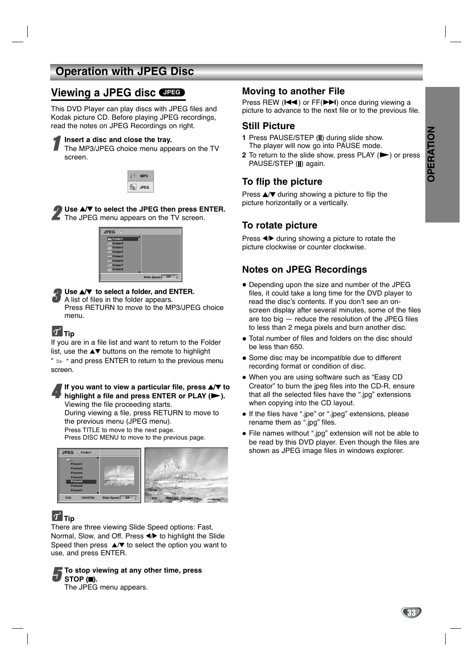 Viewing a jpeg disc, Operation with jpeg disc, Opera tion | Moving to another file, Still picture | GoVideo DV1130Q User Manual | Page 33 / 41