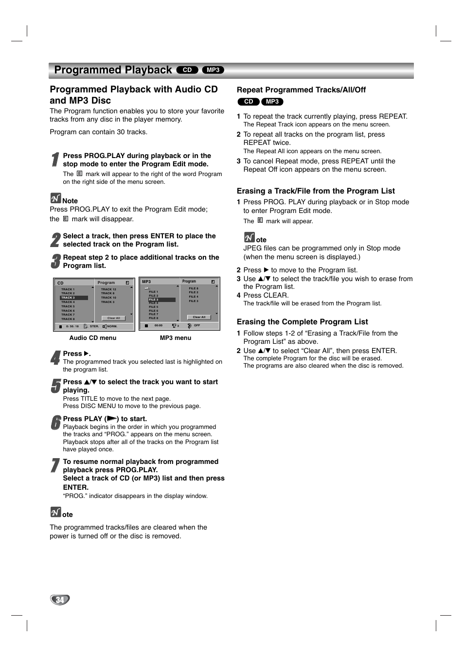 Programmed playback, Programmed playback with audio cd and mp3 disc | GoVideo DV1130Q User Manual | Page 34 / 41