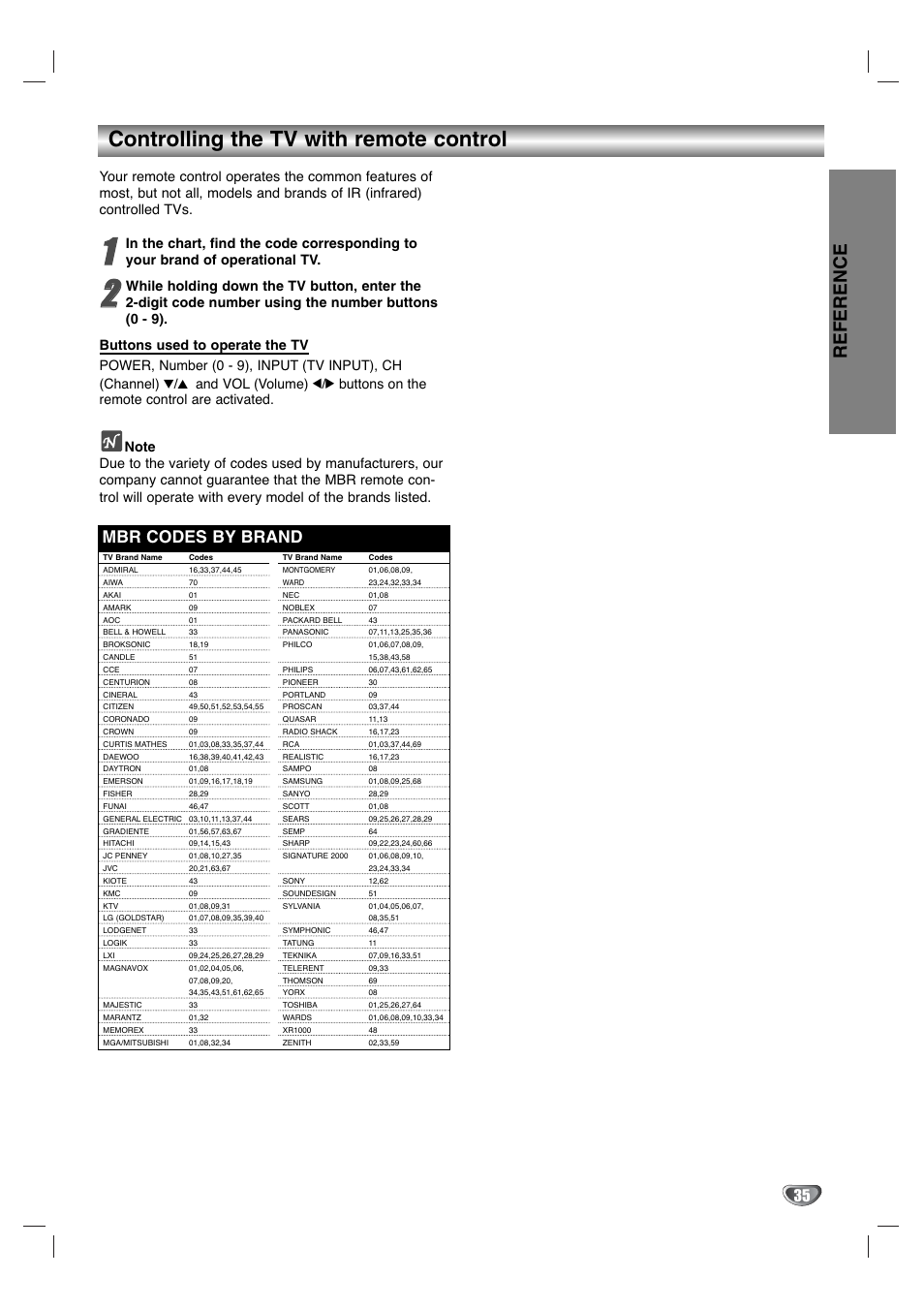 Controlling the tv with remote control, Reference, Mbr codes by brand | GoVideo DV1130Q User Manual | Page 35 / 41