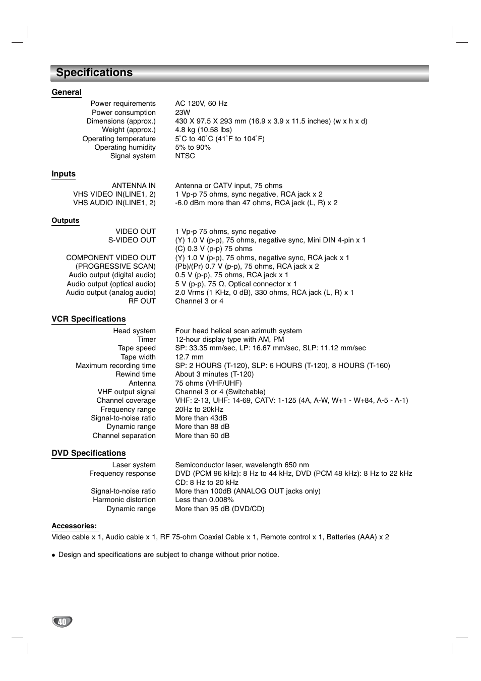 Specifications | GoVideo DV1130Q User Manual | Page 40 / 41