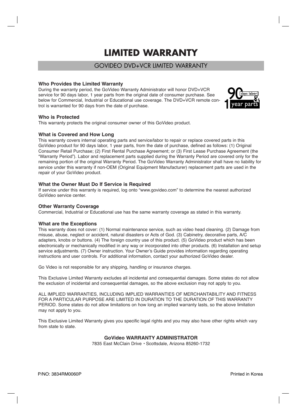 Limited warranty, Year parts | GoVideo DV1130Q User Manual | Page 41 / 41