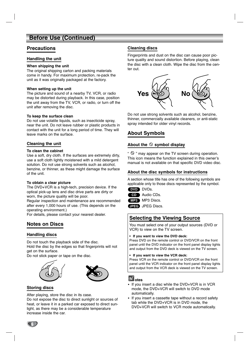 No yes, Before use (continued), Precautions | About symbols, Selecting the viewing source | GoVideo DV1130Q User Manual | Page 6 / 41