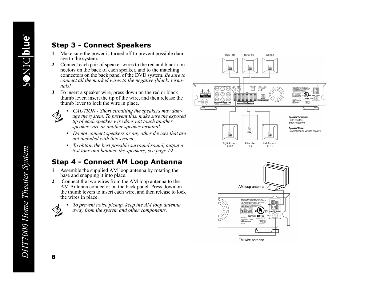 Step 3 - connect speakers, Step 4 - connect am loop antenna, Dht7000 home theater system | GoVideo DHT7000 User Manual | Page 14 / 52