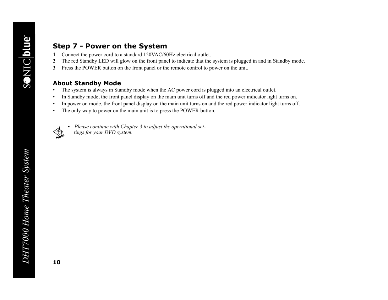 Step 7 - power on the system, About standby mode, Dht7000 home theater system | GoVideo DHT7000 User Manual | Page 16 / 52