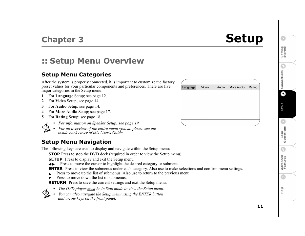 Chapter 3 setup, Setup menu overview, Setup menu categories | Setup menu navigation, Setup, Enter, Return, 3 - setup 11, Chapter 3 | GoVideo DHT7000 User Manual | Page 17 / 52