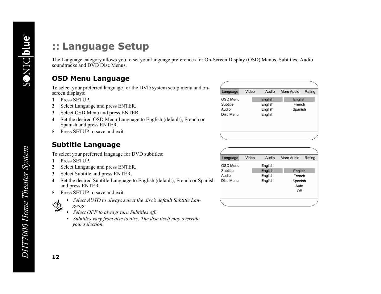 Language setup, Osd menu language, 1 press setup | 2 select language and press enter, 3 select osd menu and press enter, 5 press setup to save and exit, Subtitle language, 3 select subtitle and press enter, Dht7000 home theater system | GoVideo DHT7000 User Manual | Page 18 / 52