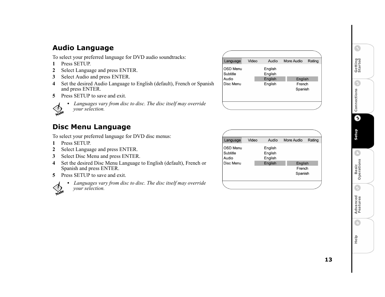 Audio language, 1 press setup, 2 select language and press enter | 3 select audio and press enter, 5 press setup to save and exit, Disc menu language, 3 select disc menu and press enter | GoVideo DHT7000 User Manual | Page 19 / 52