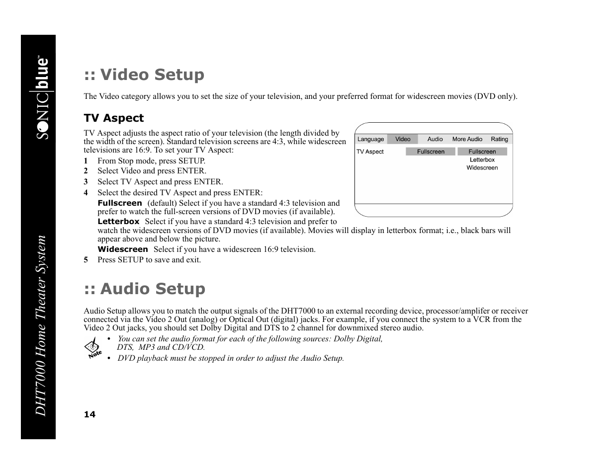 Video setup, Tv aspect, 1 from stop mode, press setup | 2 select video and press enter, 3 select tv aspect and press enter, 4 select the desired tv aspect and press enter, Fullscreen, Letterbox, Widescreen, 5 press setup to save and exit | GoVideo DHT7000 User Manual | Page 20 / 52