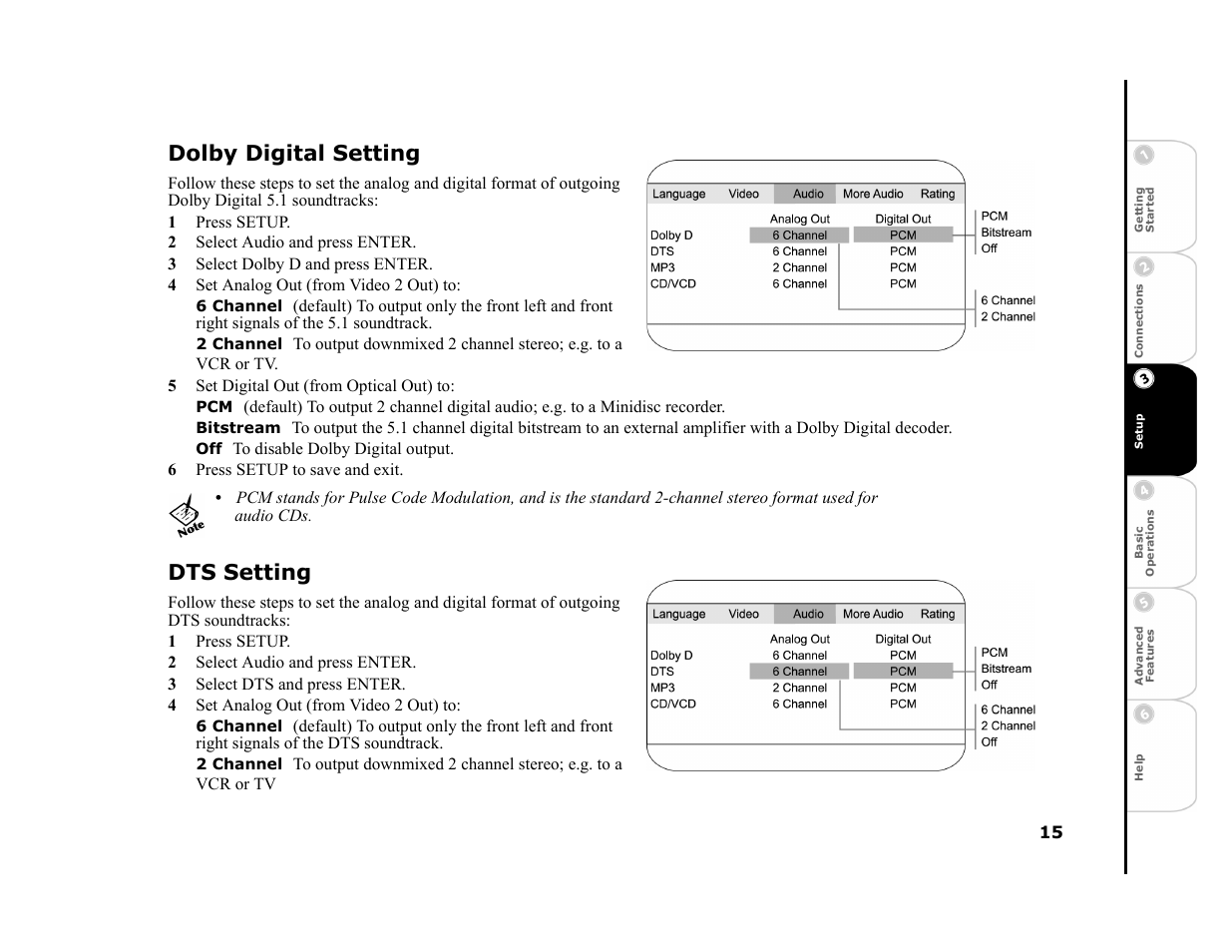 Dolby digital setting, 1 press setup, 2 select audio and press enter | 3 select dolby d and press enter, 4 set analog out (from video 2 out) to, 6 channel, 2 channel, 5 set digital out (from optical out) to, Bitstream, 6 press setup to save and exit | GoVideo DHT7000 User Manual | Page 21 / 52