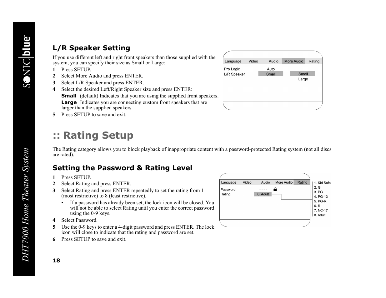 L/r speaker setting, 1 press setup, 2 select more audio and press enter | 3 select l/r speaker and press enter, Small, Large, 5 press setup to save and exit, Rating setup, Setting the password & rating level, 2 select rating and press enter | GoVideo DHT7000 User Manual | Page 24 / 52