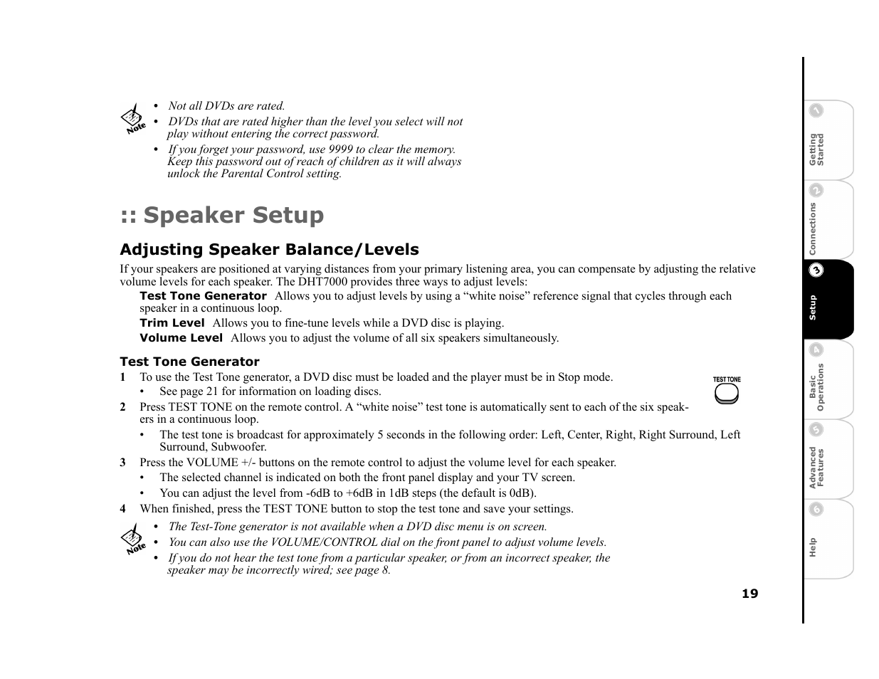 Speaker setup, Adjusting speaker balance/levels, Test tone generator | Trim level, Volume level | GoVideo DHT7000 User Manual | Page 25 / 52