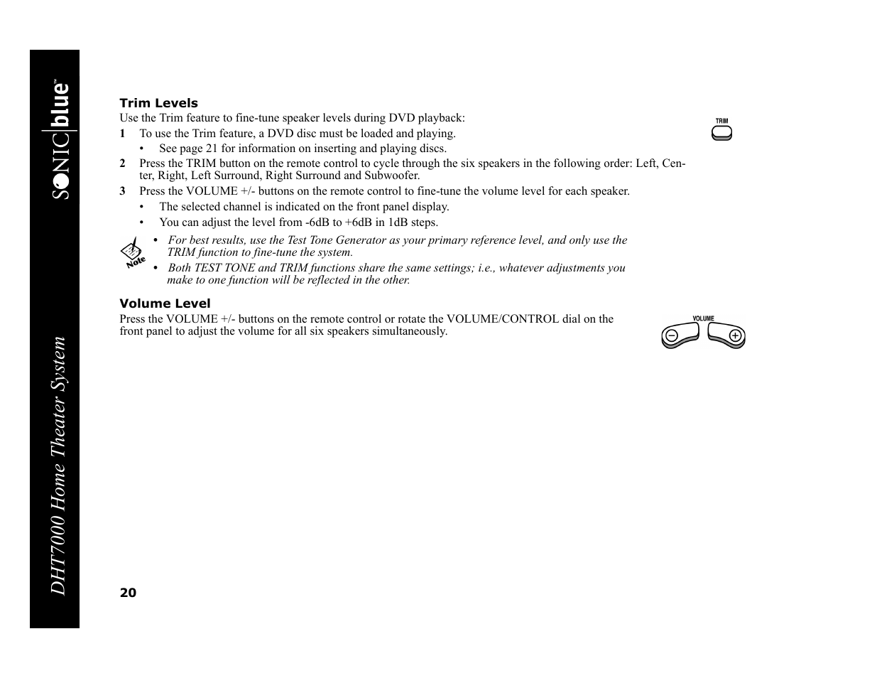 Trim levels, Volume level, Dht7000 home theater system | GoVideo DHT7000 User Manual | Page 26 / 52