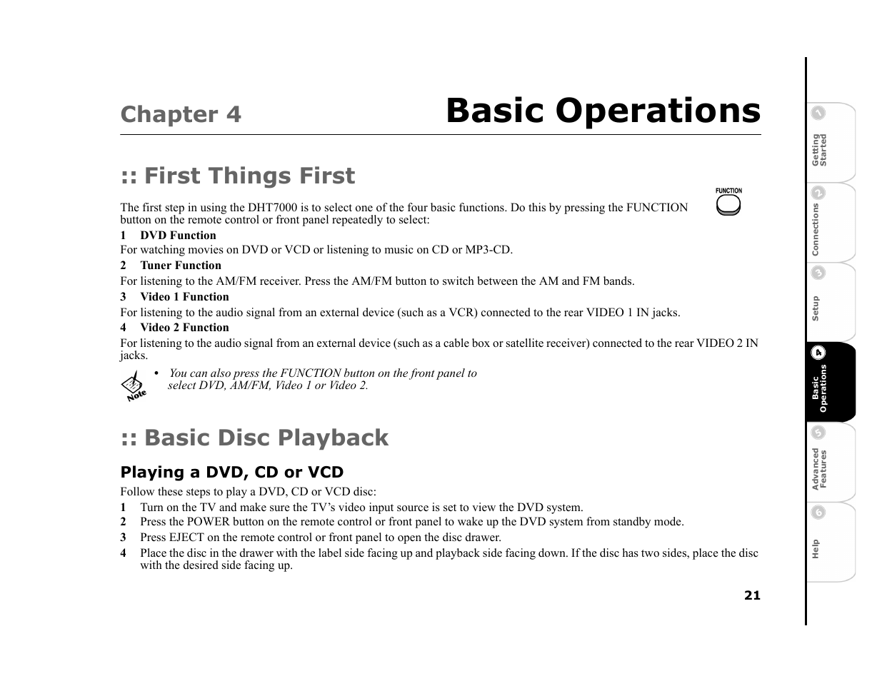 Chapter 4 basic operations, First things first, 1 dvd function | 2 tuner function, 3 video 1 function, 4 video 2 function, Basic disc playback, Playing a dvd, cd or vcd, 4 - basic operations 21, Basic operations | GoVideo DHT7000 User Manual | Page 27 / 52