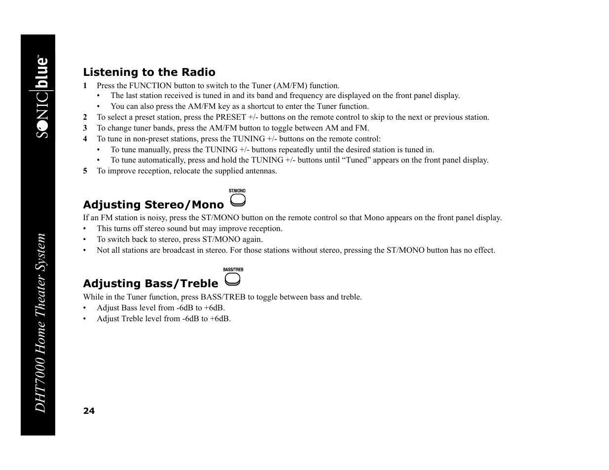 Listening to the radio, Adjusting stereo/mono, Adjusting bass/treble | Dht7000 home theater system | GoVideo DHT7000 User Manual | Page 30 / 52