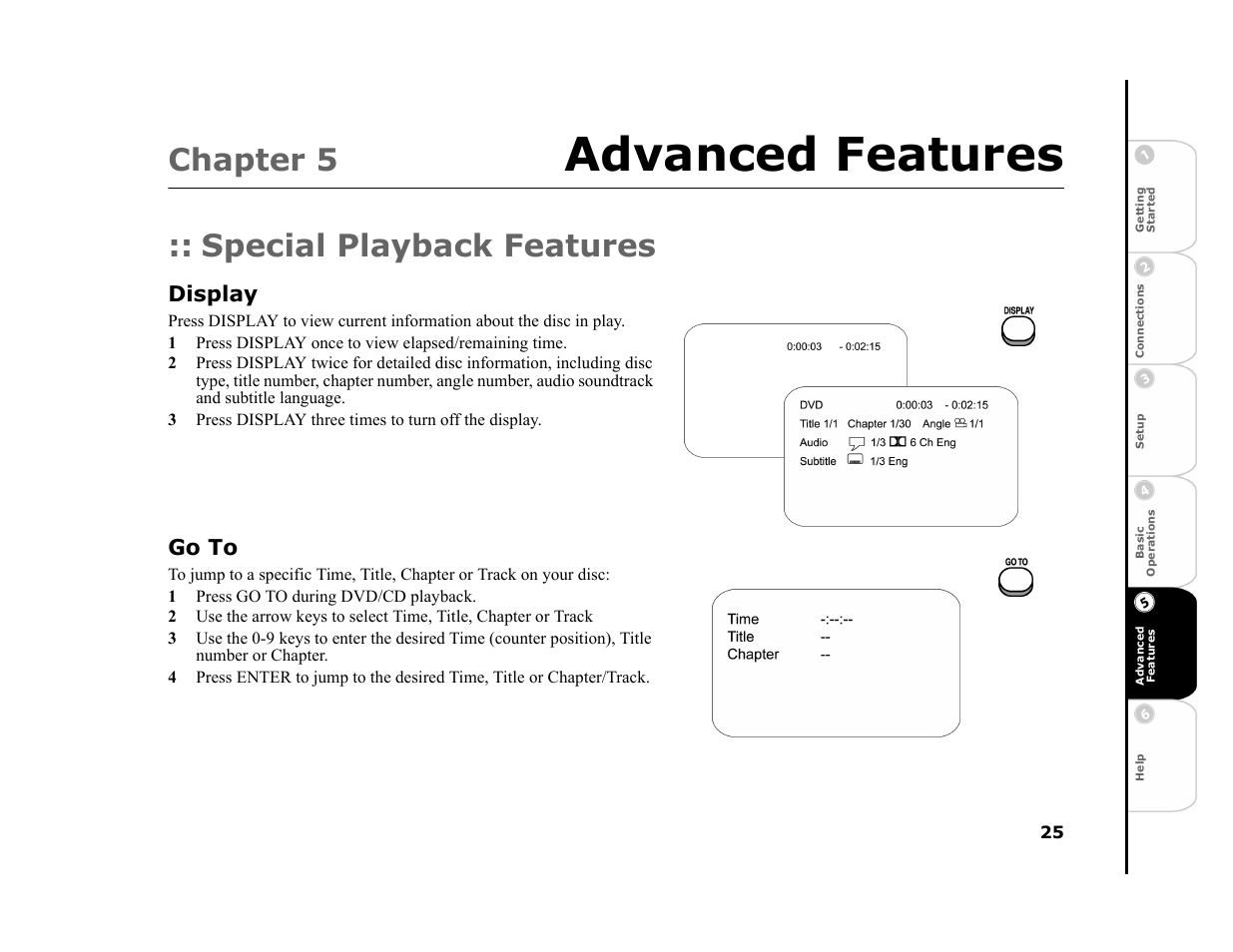 Chapter 5 advanced features, Special playback features, Display | Go to, 1 press go to during dvd/cd playback, 5 - advanced features 25, Advanced features, Chapter 5 | GoVideo DHT7000 User Manual | Page 31 / 52