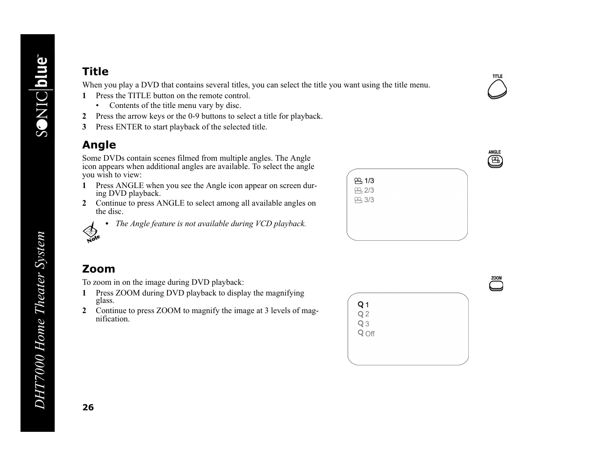 Title, 1 press the title button on the remote control, Angle | Zoom, Dht7000 home theater system | GoVideo DHT7000 User Manual | Page 32 / 52