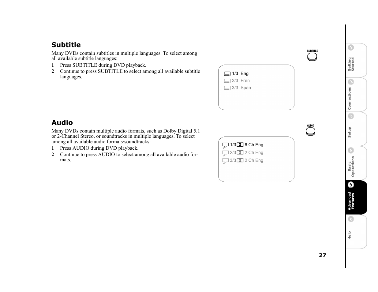 Subtitle, 1 press subtitle during dvd playback, Audio | 1 press audio during dvd playback | GoVideo DHT7000 User Manual | Page 33 / 52