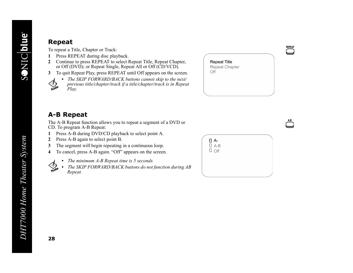 Repeat, 1 press repeat during disc playback, A-b repeat | 2 press a-b again to select point b, Dht7000 home theater system | GoVideo DHT7000 User Manual | Page 34 / 52