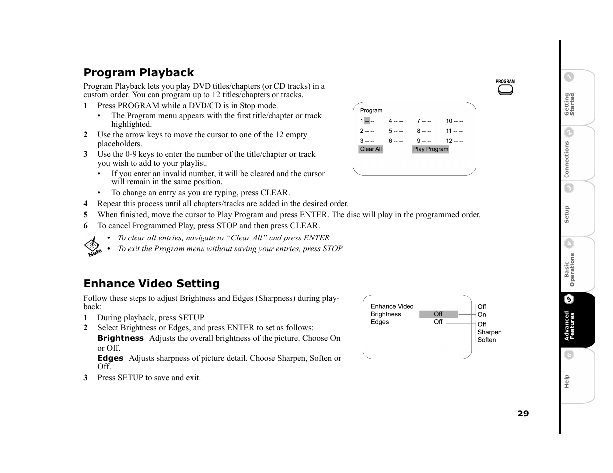 Program playback, 1 press program while a dvd/cd is in stop mode, Enhance video setting | 1 during playback, press setup, Brightness, Edges, 3 press setup to save and exit | GoVideo DHT7000 User Manual | Page 35 / 52