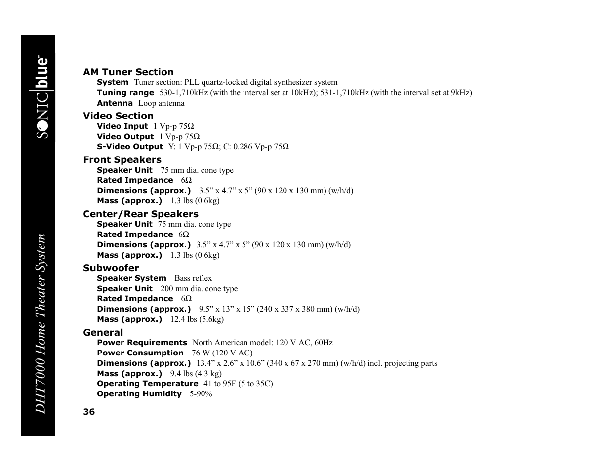 Am tuner section, System, Tuning range | Antenna, Video section, Video input, Video output, S-video output, Front speakers, Speaker unit | GoVideo DHT7000 User Manual | Page 42 / 52