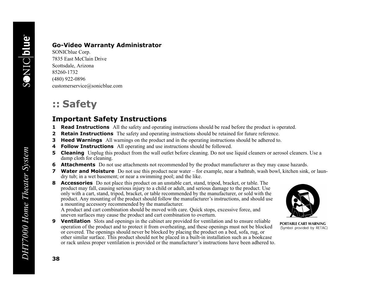Go-video warranty administrator, Safety, Important safety instructions | 1 read instructions, 2 retain instructions, 3 heed warnings, 4 follow instructions, 5 cleaning, 6 attachments, 7 water and moisture | GoVideo DHT7000 User Manual | Page 44 / 52