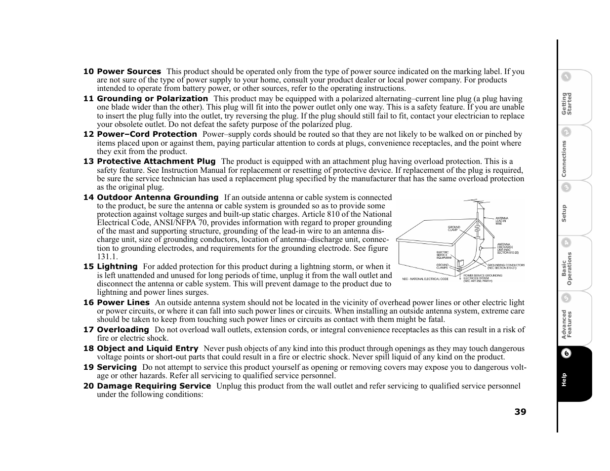 10 power sources, 11 grounding or polarization, 12 power–cord protection | 13 protective attachment plug, 14 outdoor antenna grounding, 15 lightning, 16 power lines, 17 overloading, 18 object and liquid entry, 19 servicing | GoVideo DHT7000 User Manual | Page 45 / 52