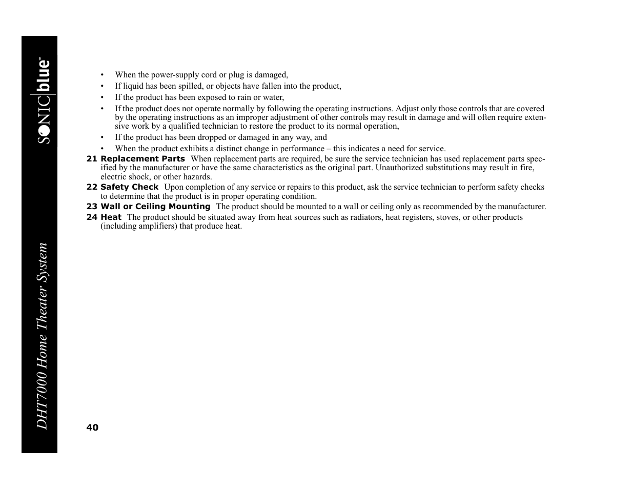 21 replacement parts, 22 safety check, 23 wall or ceiling mounting | 24 heat, Dht7000 home theater system | GoVideo DHT7000 User Manual | Page 46 / 52