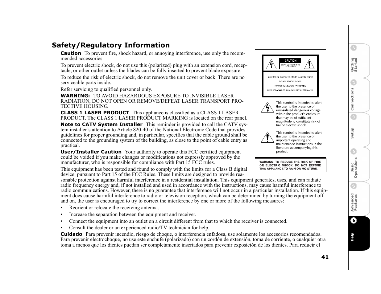 Safety/regulatory information, Caution, Warning | Class 1 laser product, Note to catv system installer, User/installer caution, Cuidado | GoVideo DHT7000 User Manual | Page 47 / 52