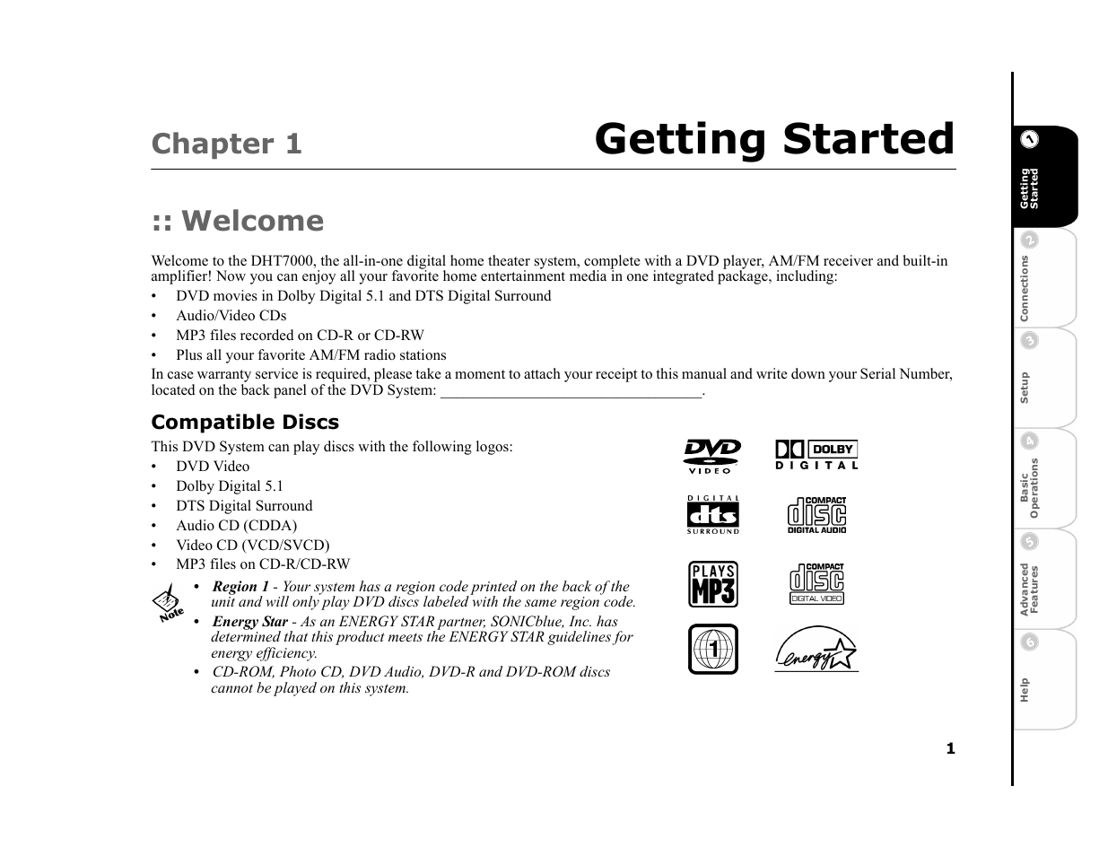 Chapter 1 getting started, Welcome, Compatible discs | 1 - getting started 1, Getting started, Chapter 1 | GoVideo DHT7000 User Manual | Page 7 / 52