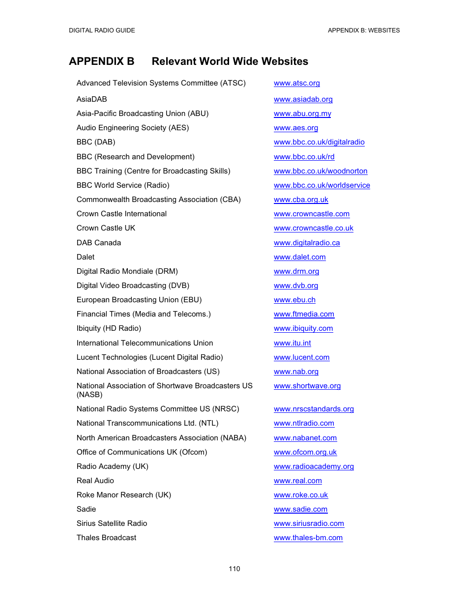 Appendix b relevant world wide websites | Grundig Digital Radio User Manual | Page 110 / 118