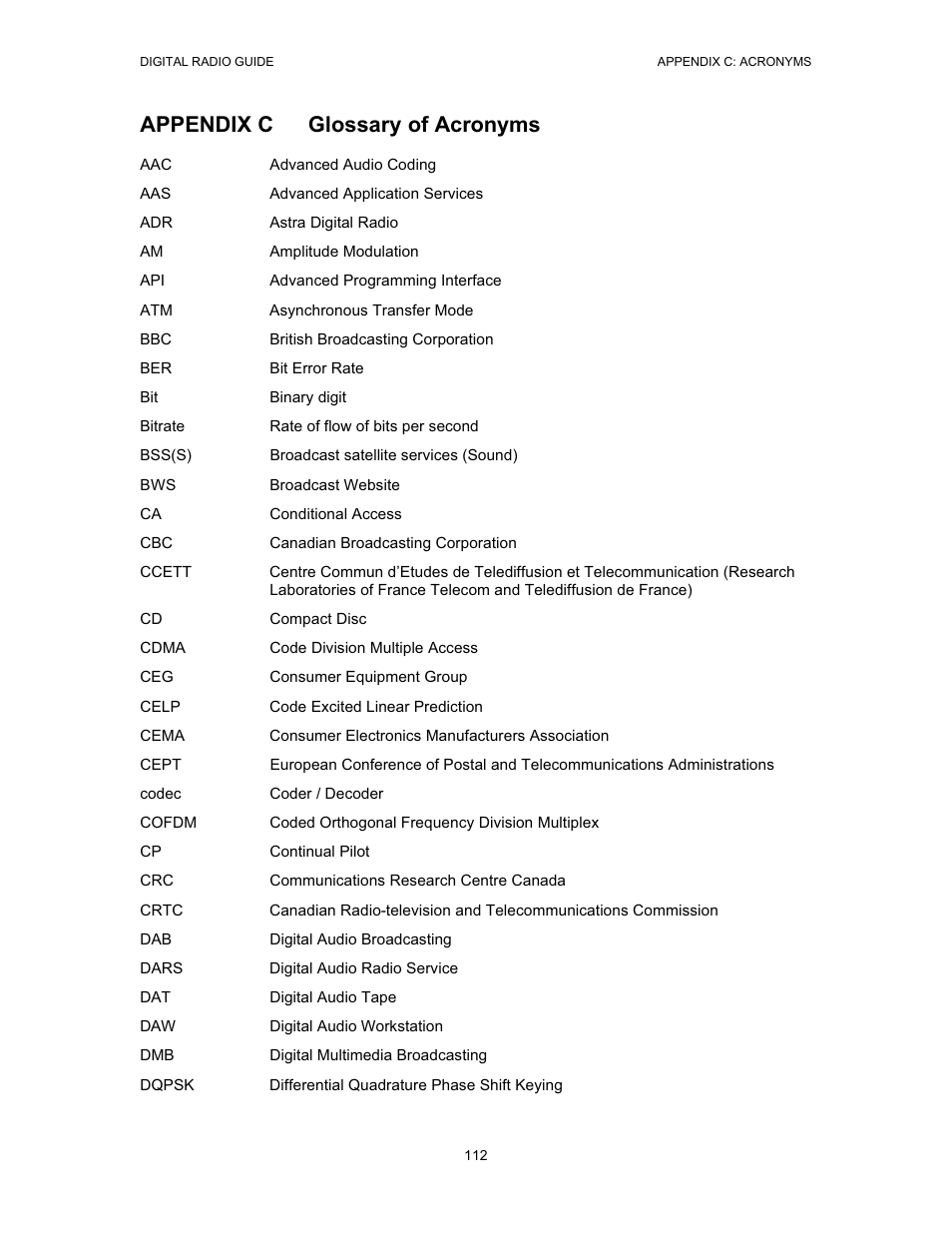 Appendix c glossary of acronyms | Grundig Digital Radio User Manual | Page 112 / 118