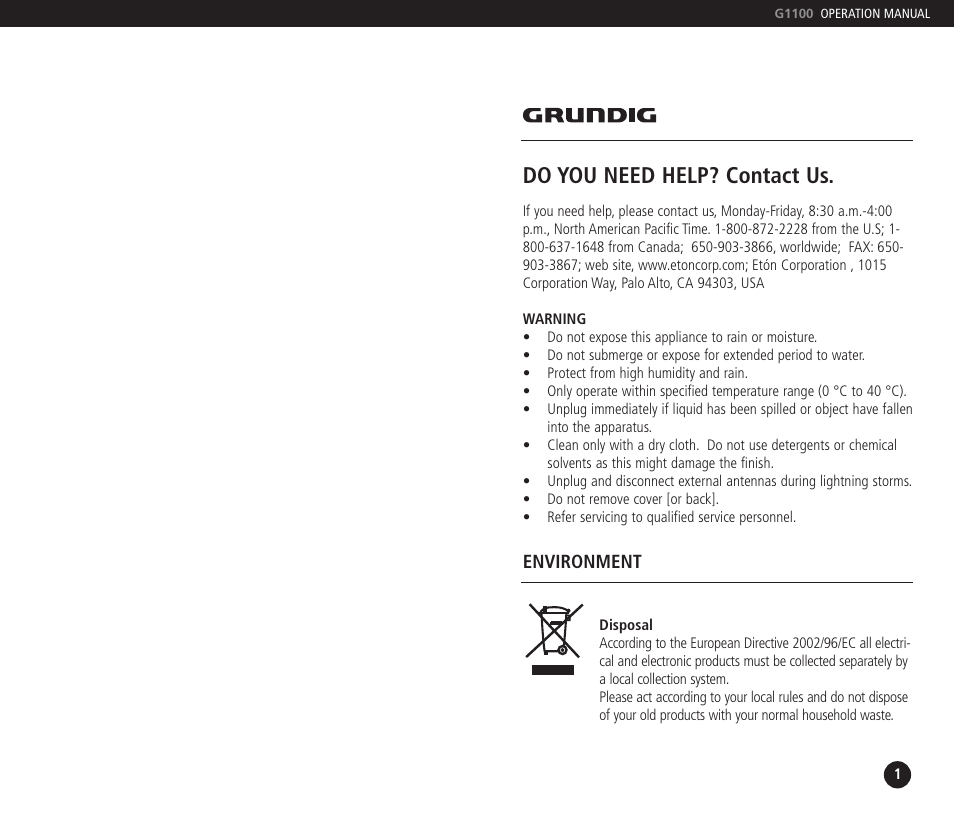 Do you need help? contact us | Grundig G1100 User Manual | Page 2 / 7