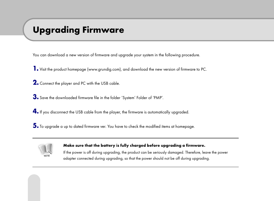 Upgrading firmware | Grundig 30GB User Manual | Page 112 / 119