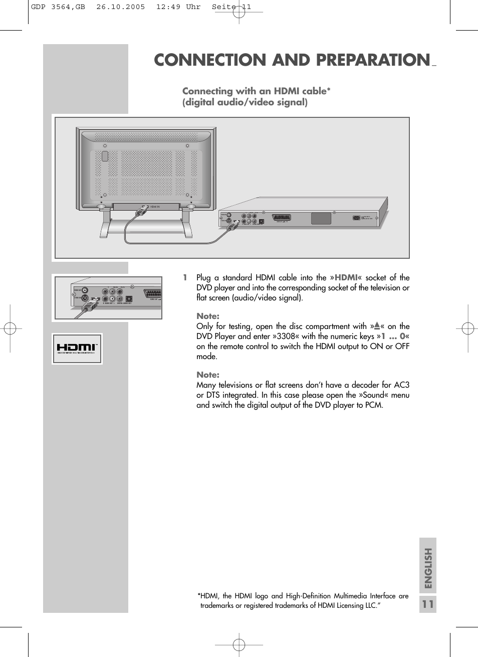 Connection and preparation, English | Grundig GDP 3564 User Manual | Page 11 / 52