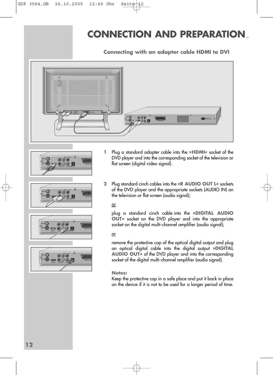 Connection and preparation, Connecting with an adapter cable hdmi to dvi | Grundig GDP 3564 User Manual | Page 12 / 52