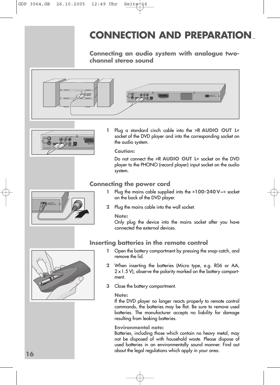 Connection and preparation, Connecting the power cord, Inserting batteries in the remote control | Grundig GDP 3564 User Manual | Page 16 / 52