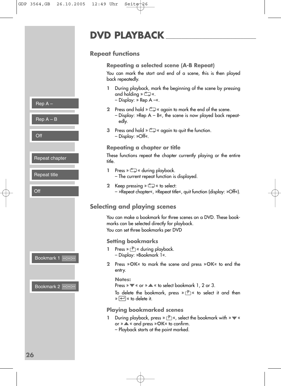 Dvd playback, 26 repeat functions, Selecting and playing scenes | Grundig GDP 3564 User Manual | Page 26 / 52