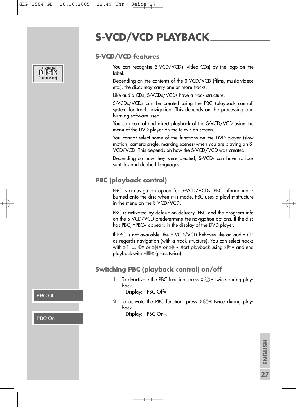 S-vcd/vcd playback | Grundig GDP 3564 User Manual | Page 27 / 52
